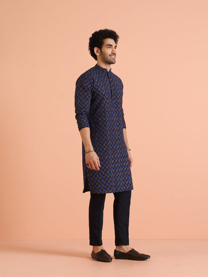 Blue Cotton Silk Printed Kurta with Trouser