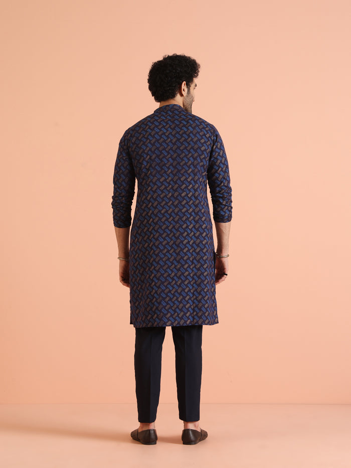 Blue Cotton Silk Printed Kurta with Trouser