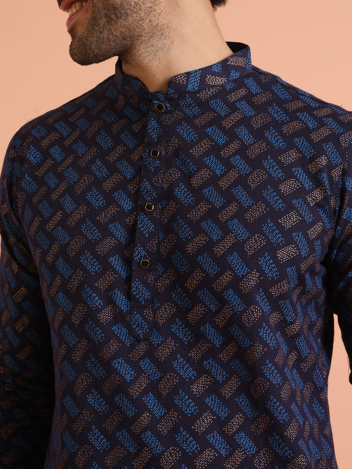 Blue Cotton Silk Printed Kurta with Trouser