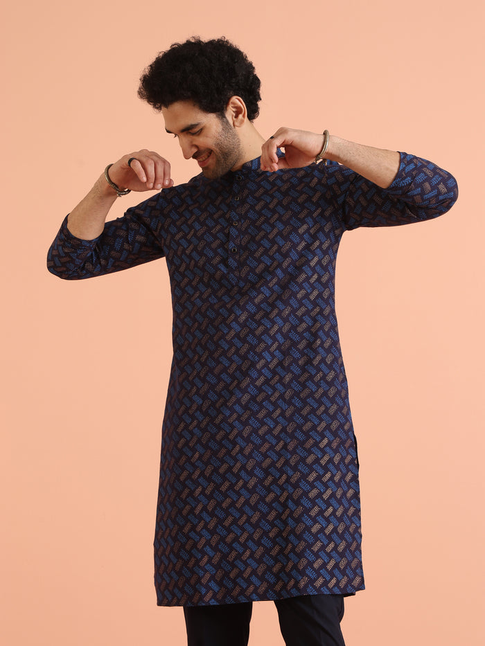 Blue Cotton Silk Printed Kurta with Trouser