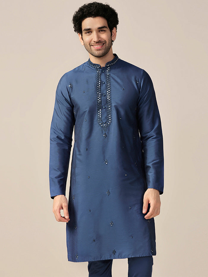 Blue Mirror Work Silk Blend Kurta