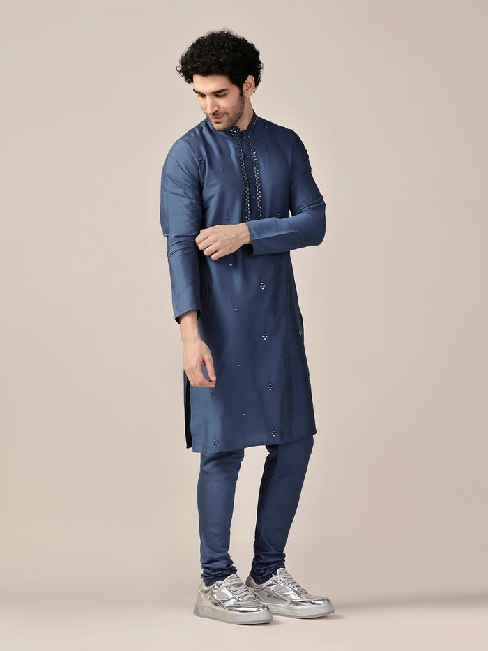Blue Mirror Work Silk Blend Kurta