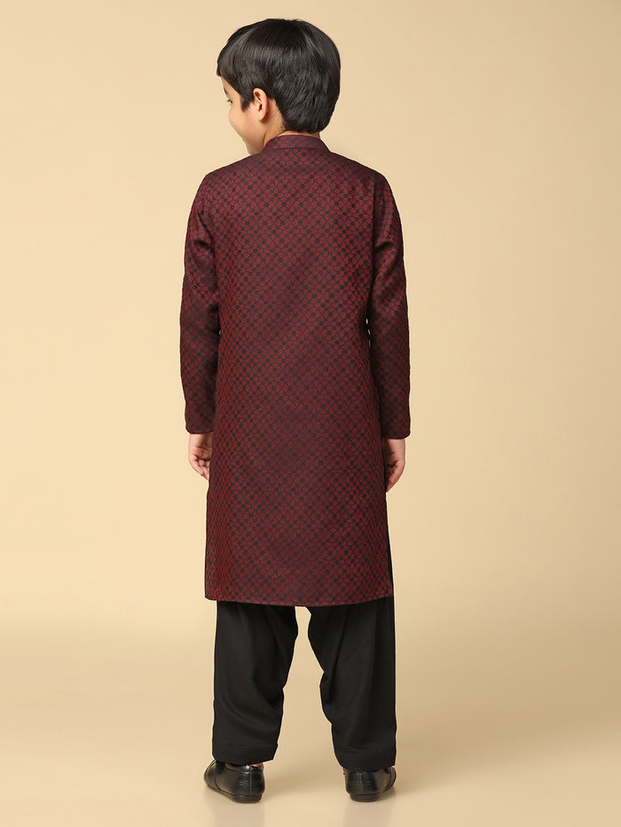 Boy's Maroon Jacquard Abstract Kurta Patiala Set