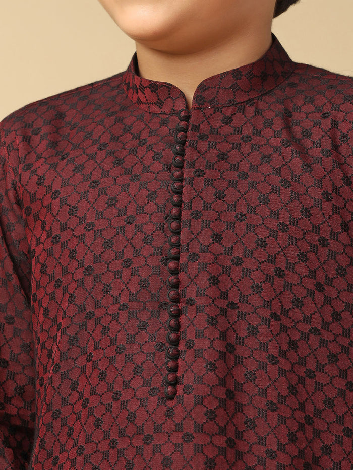 Boy's Maroon Jacquard Abstract Kurta Patiala Set