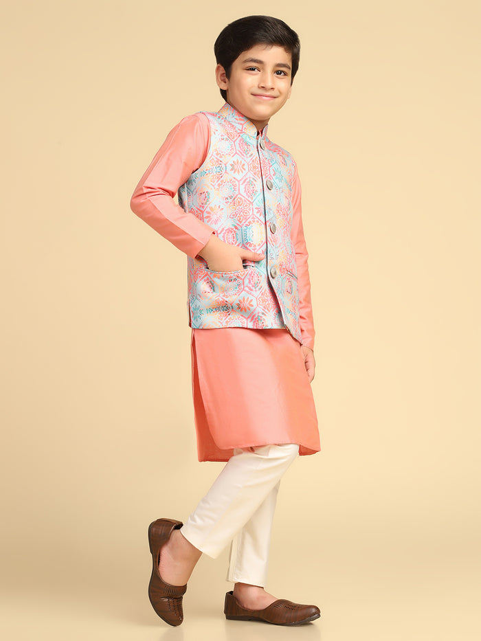 Boy's Multi Printed Ethnic Motifs Kurta Nehru Jacket Pyjama Set