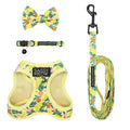 The Cat Bundle - Zest Friends by Sassy Woof is a matching yellow harness, leash, collar, and bow tie set with a tropical fruit pattern of oranges, lemons, and green leaves. The harness and leash feature the Sassy Woof brand name.