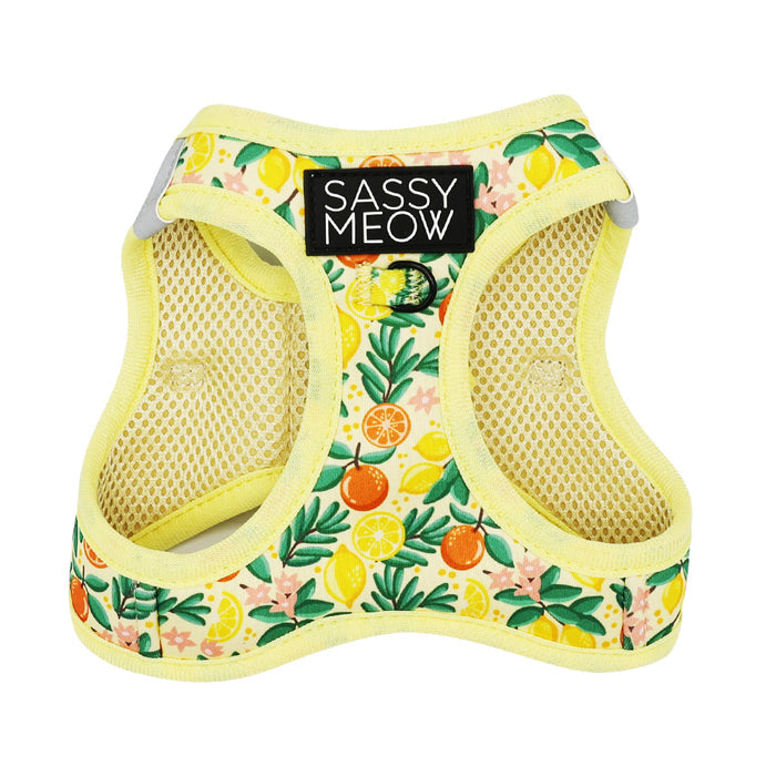 The Sassy Woof Cat Bundle - Zest Friends is a yellow mesh cat harness with a tropical lemon and orange print, plus a "SASSY MEOW" black label—perfect to pair stylishly with any cat leash or collar.