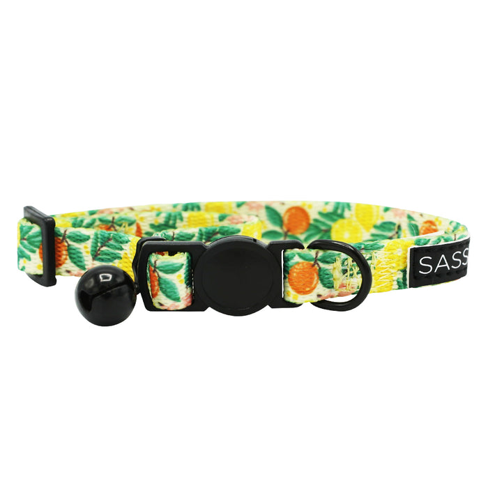 The Sassy Woof Cat Bundle - Zest Friends is a colorful cat collar with a tropical fruit pattern, black bell, adjustable buckle, and a small black tag with "SASSY" partially visible. Perfect to pair with your favorite harness or leash.