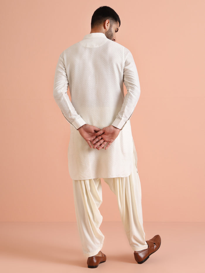 Cream Jacquard Textured Pathani Kurta