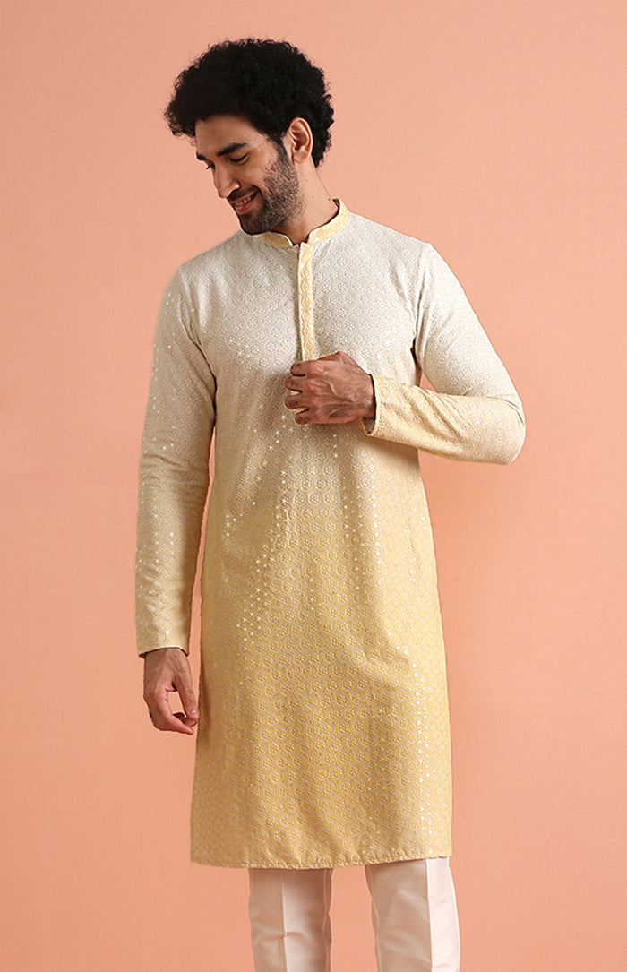 Cream Ombre Silk Blend Mirror Work Kurta