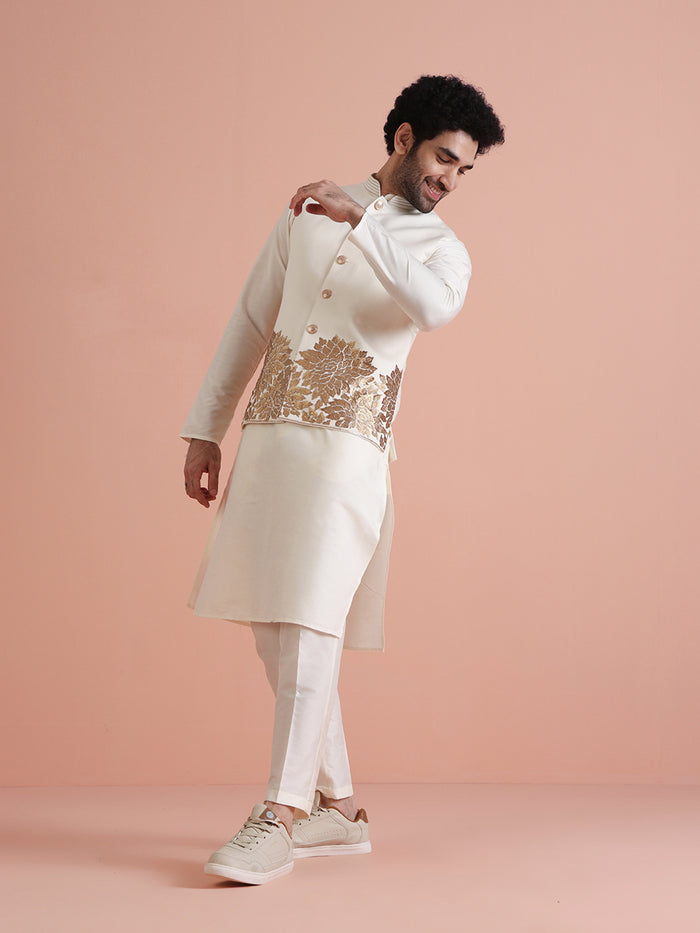 Cream Silk Blend Gold Embroidered Jacket Kurta Trouser Set