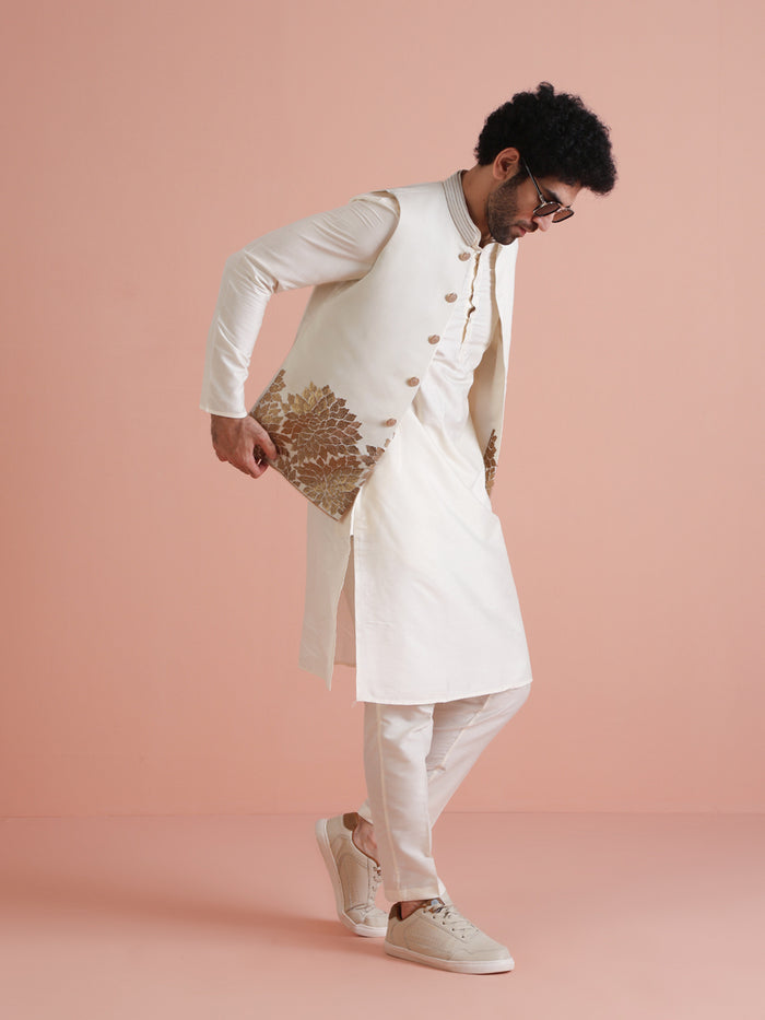 Cream Silk Blend Gold Embroidered Jacket Kurta Trouser Set