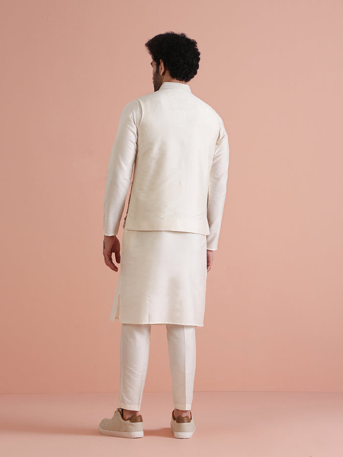 Cream Silk Blend Gold Embroidered Jacket Kurta Trouser Set