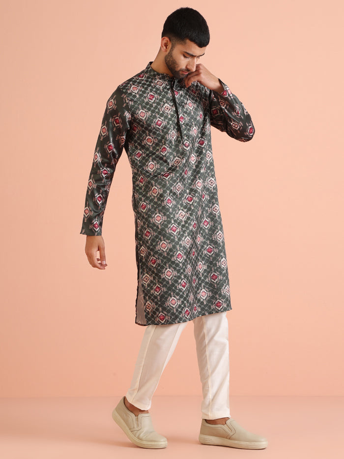 Dark Green Silk blend  Printed Kurta