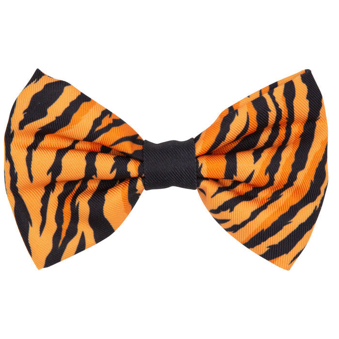 The Sassy Woof Dog Bowtie - Paw of the Tiger features bold orange and black tiger stripes with a black center knot, perfect to pair with an adjustable harness or matching waste bag holder for a coordinated look.
