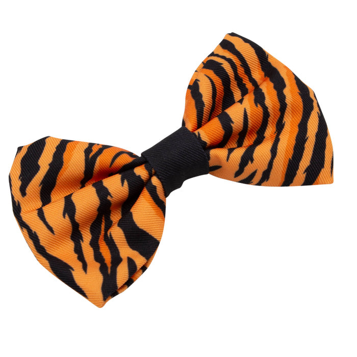 The Sassy Woof Dog Bowtie - Paw of the Tiger features orange fabric with black tiger stripes and a solid black center, shown isolated on a white background.