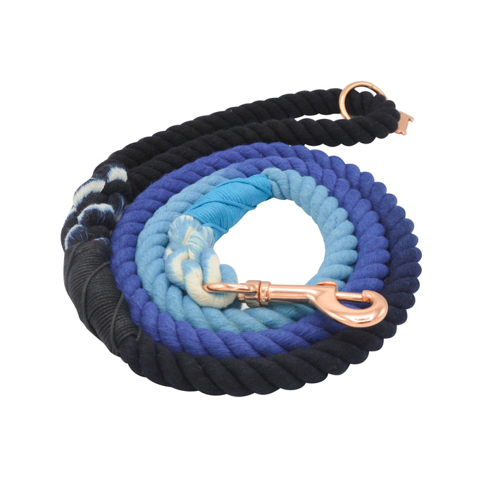 The Sassy Woof Dog Rope Leash - Romeo features a black to dark blue to light blue ombre design, finished with rose gold hardware.