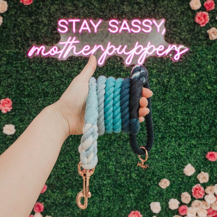 A hand holds the Sassy Woof Dog Rope Leash - Romeo, featuring a blue and navy ombre design with rose gold hardware, in front of a floral wall and a pink neon "STAY SASSY, motherpuppers" sign.