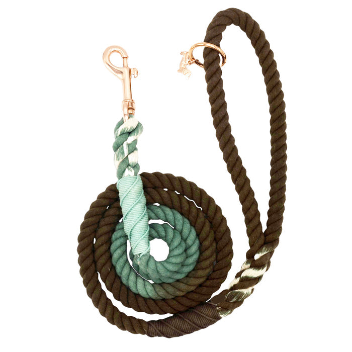 The Sassy Woof Dog Rope Leash - Tail Mix is hand-dyed in a dark brown to teal gradient, featuring rose gold hardware and a small charm near the clasp, making this leash both stylish and durable for your pup.
