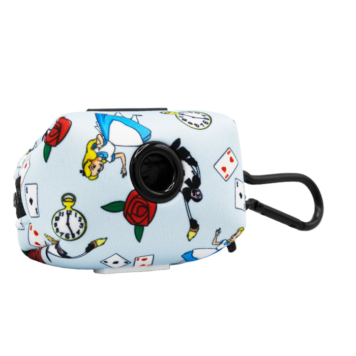 A light blue face mask with Alice, playing cards, red roses, and a pocket watch; features a black breathing valve and two black ear loops—perfectly matching Sassy Woof's Dog Waste Bag Holder - Alice in Wonderland (Blue).