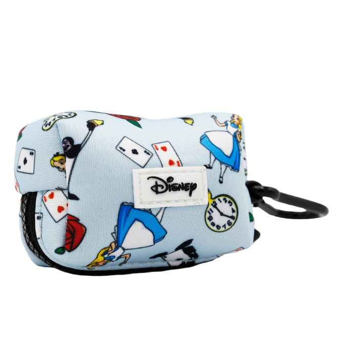 The Sassy Woof Dog Waste Bag Holder - Alice in Wonderland (Blue) features whimsical playing cards and pocket watch designs—perfect for fans of Alice in Wonderland dog accessories. Includes a black clip and an official Disney label.