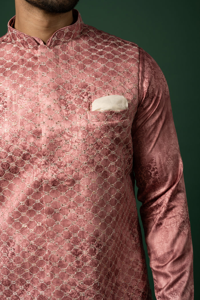 Dusty Rose Silk Blend Jacquard Nehru Jacket
