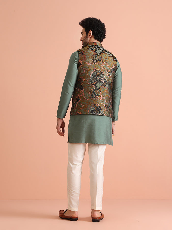 Green Art Silk Printed Jacket Kurta Trouser Set