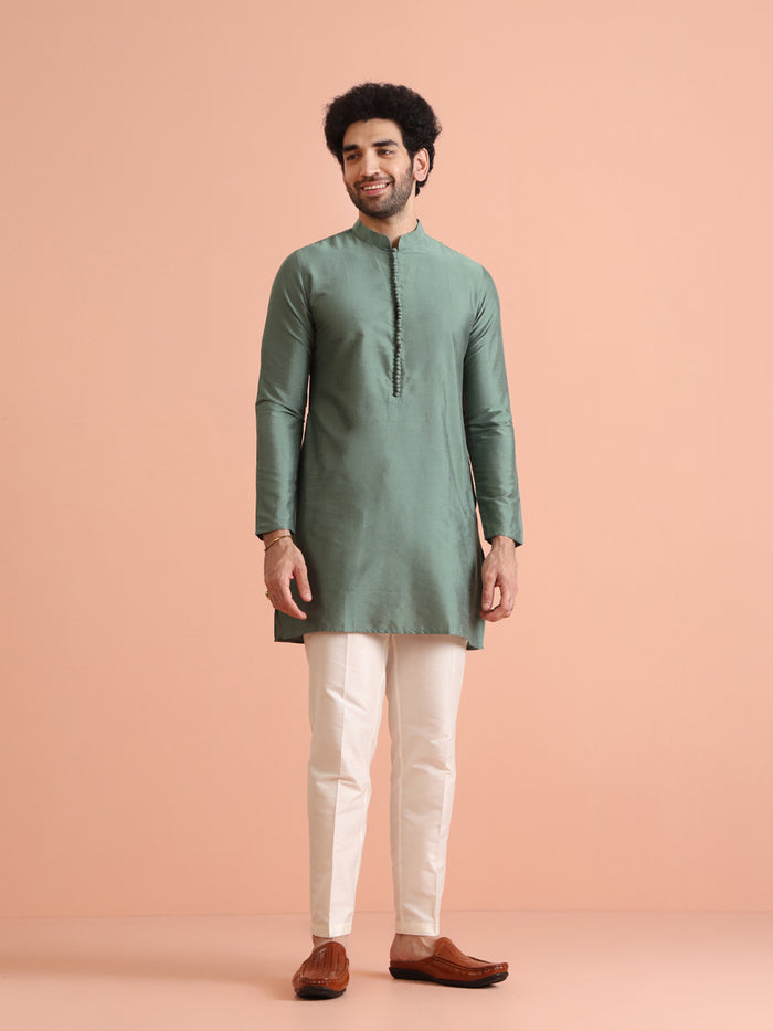 Green Art Silk Printed Jacket Kurta Trouser Set