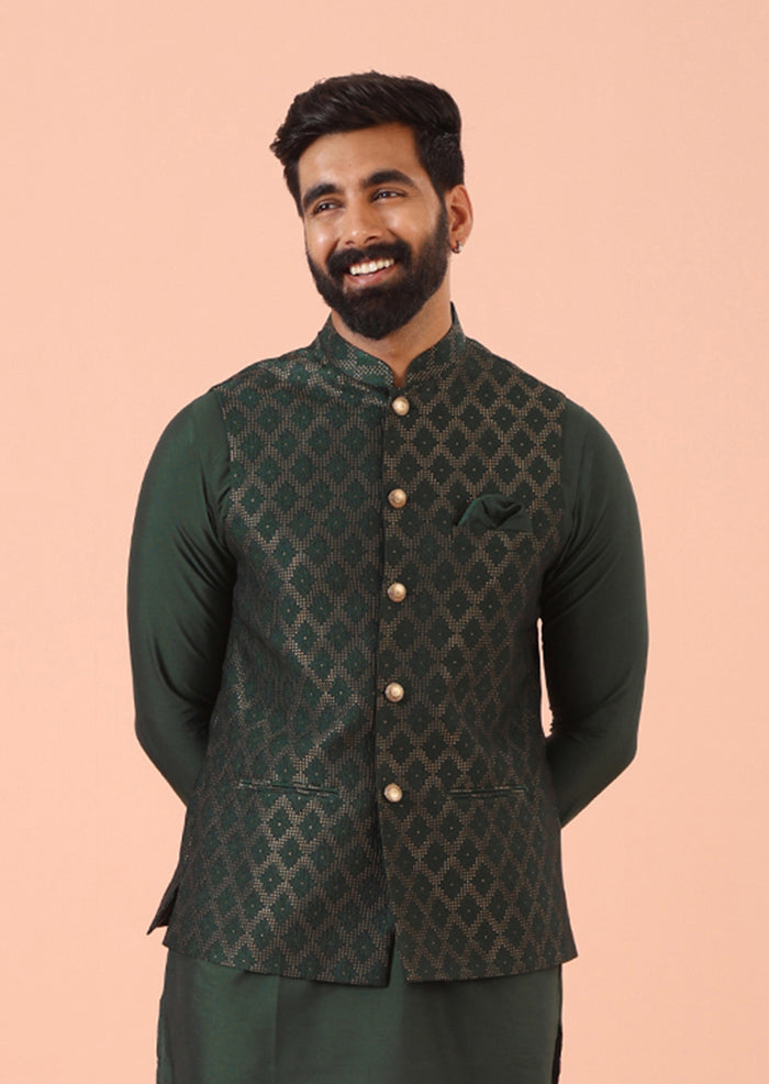Green Silk Blend Jacquard Nehru Jacket
