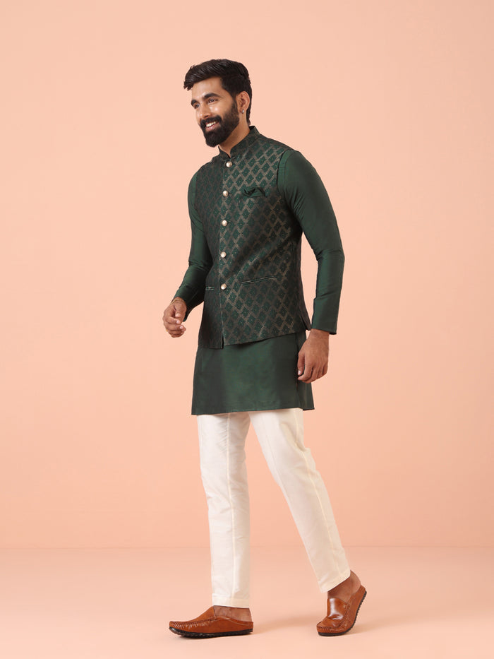 Green Silk Blend Jacquard Nehru Jacket