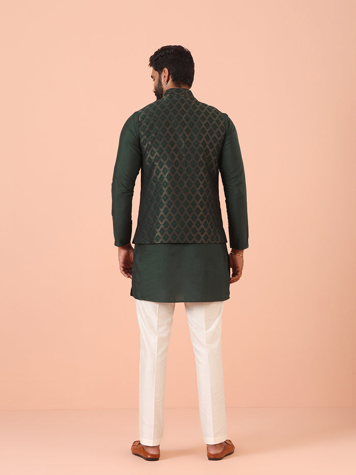 Green Silk Blend Jacquard Nehru Jacket