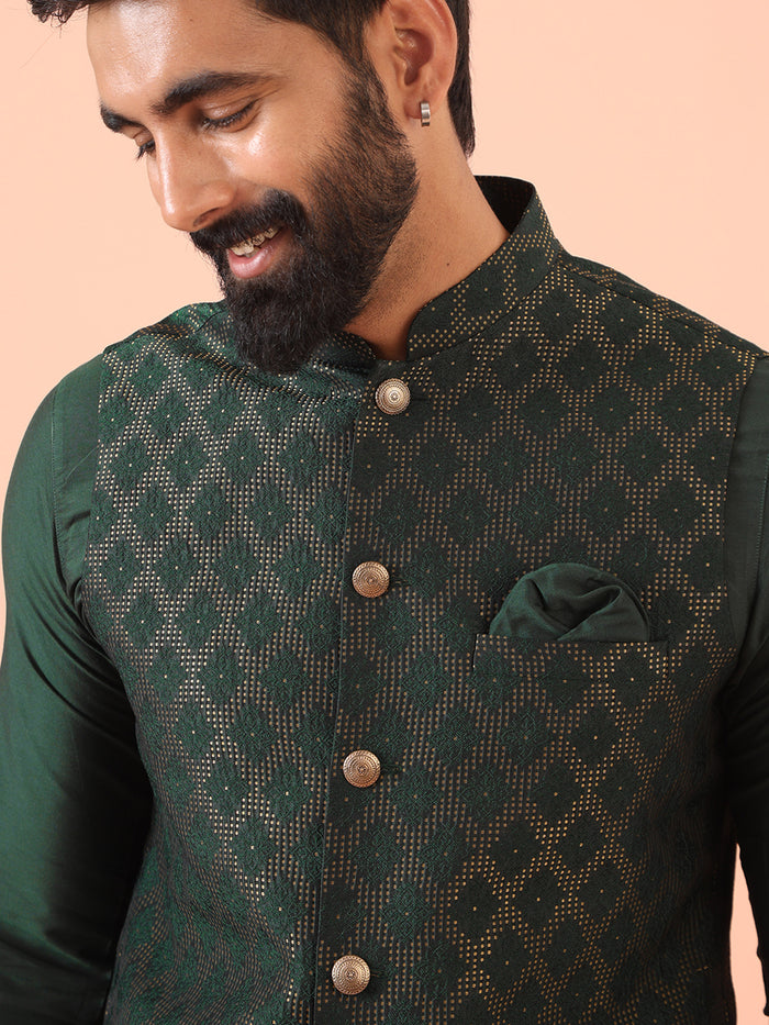 Green Silk Blend Jacquard Nehru Jacket