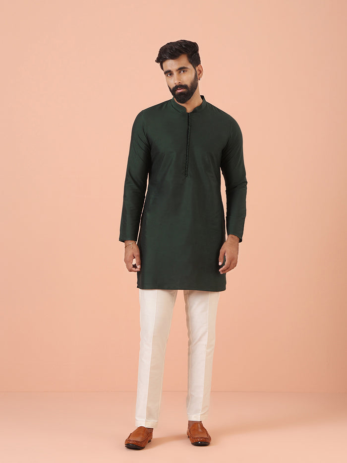 Green Silk Blend Solid Mid Kurta with Trouser