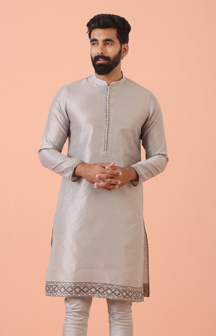 Grey Jacquard Kurta with  Hem Detailing
