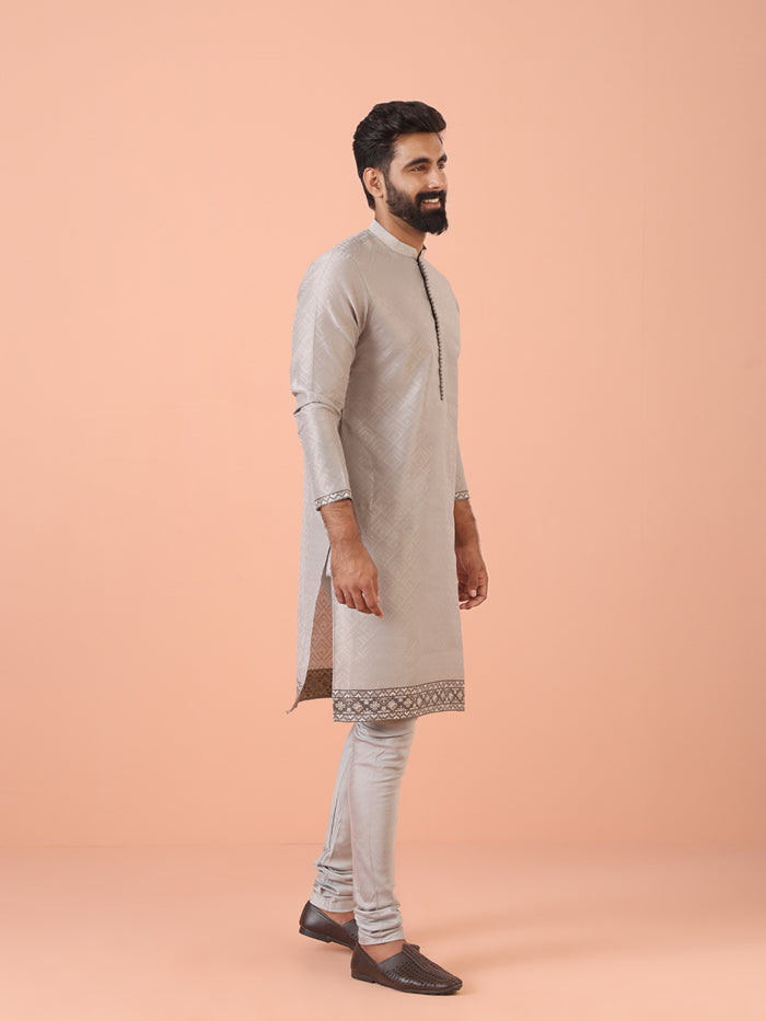 Grey Jacquard Kurta with  Hem Detailing
