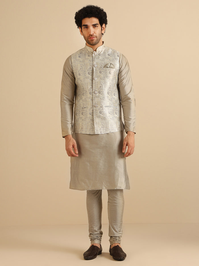 Grey Jacquard Nehru Jacket Kurta Set