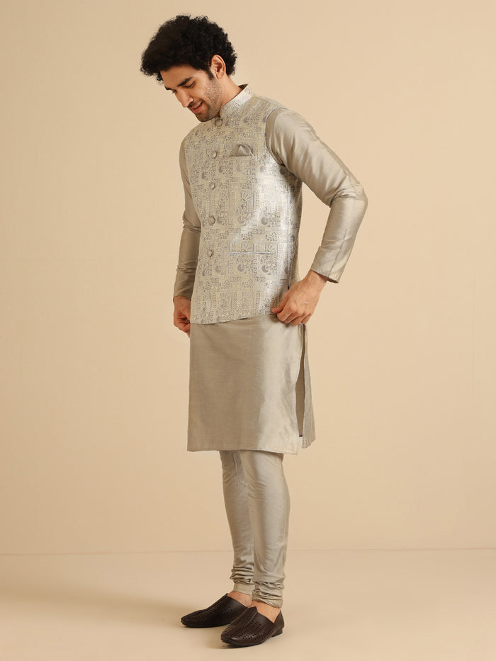 Grey Jacquard Nehru Jacket Kurta Set