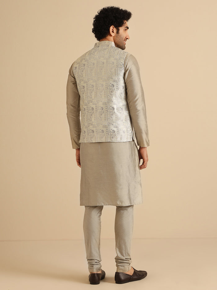 Grey Jacquard Nehru Jacket Kurta Set