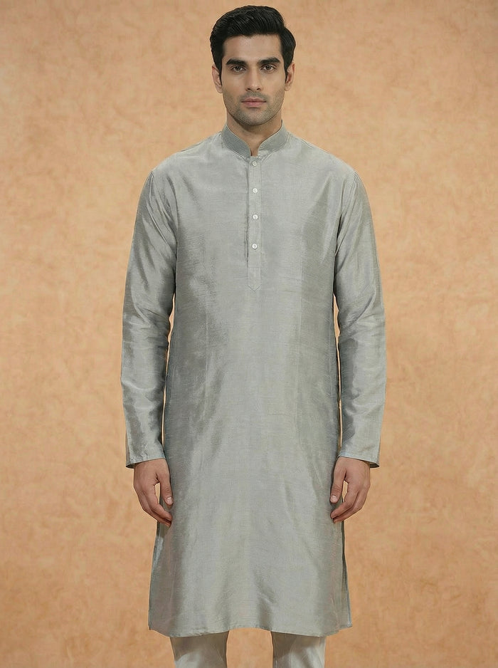 Grey Solid Silk Blend Kurta