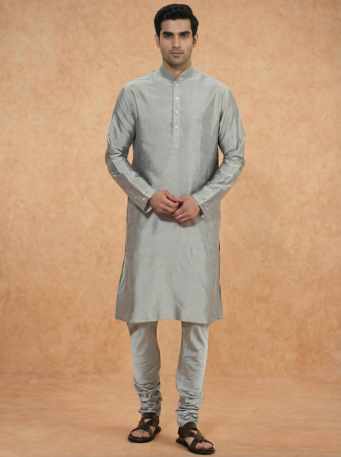 Grey Solid Silk Blend Kurta