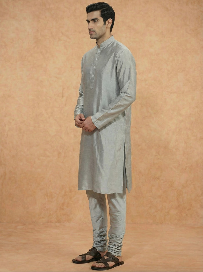 Grey Solid Silk Blend Kurta