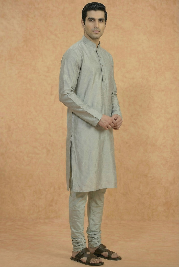 Grey Solid Silk Blend Kurta