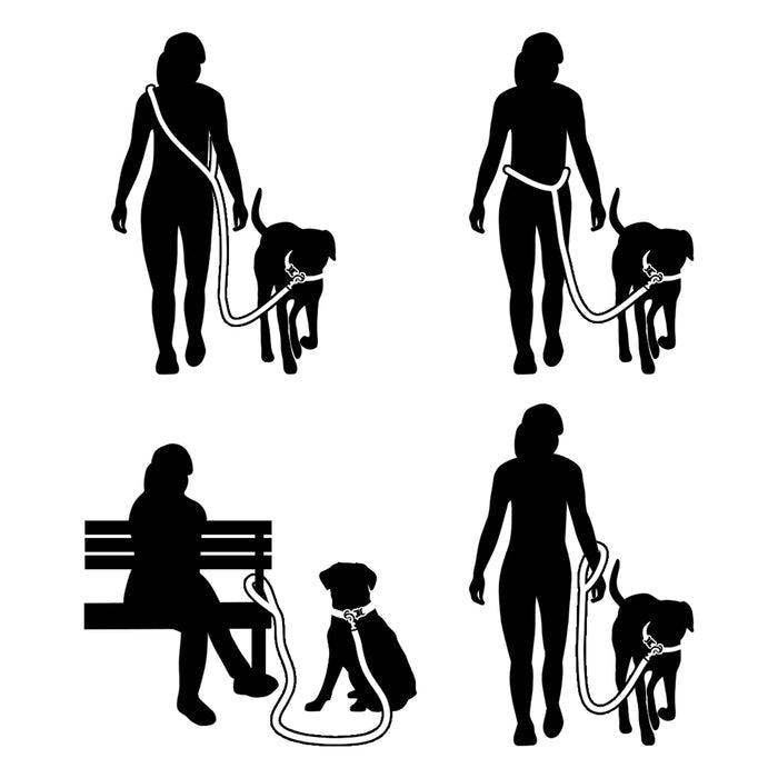 Four black silhouettes demonstrate different ways to hold a leash while walking or sitting with a dog. The Sassy Woof Hands-Free Rope Leash – Dandelion is shown in various positions: worn over the shoulder, around the waist, or held by hand.