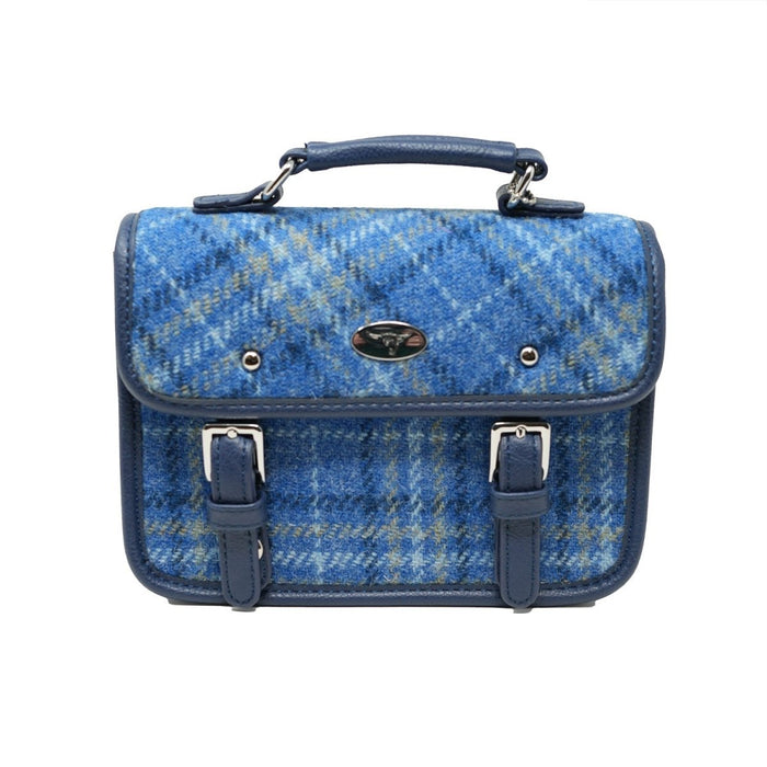 Harris Tweed Bervie Mini Satchel - Compact Tartan Satchel Bag - Light Blue Check (COL129) - Heritage Of Scotland -
