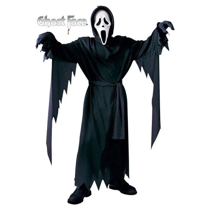 Childs Ghost Face costume with black robe and white Scream mask for Halloween fancy dress parties