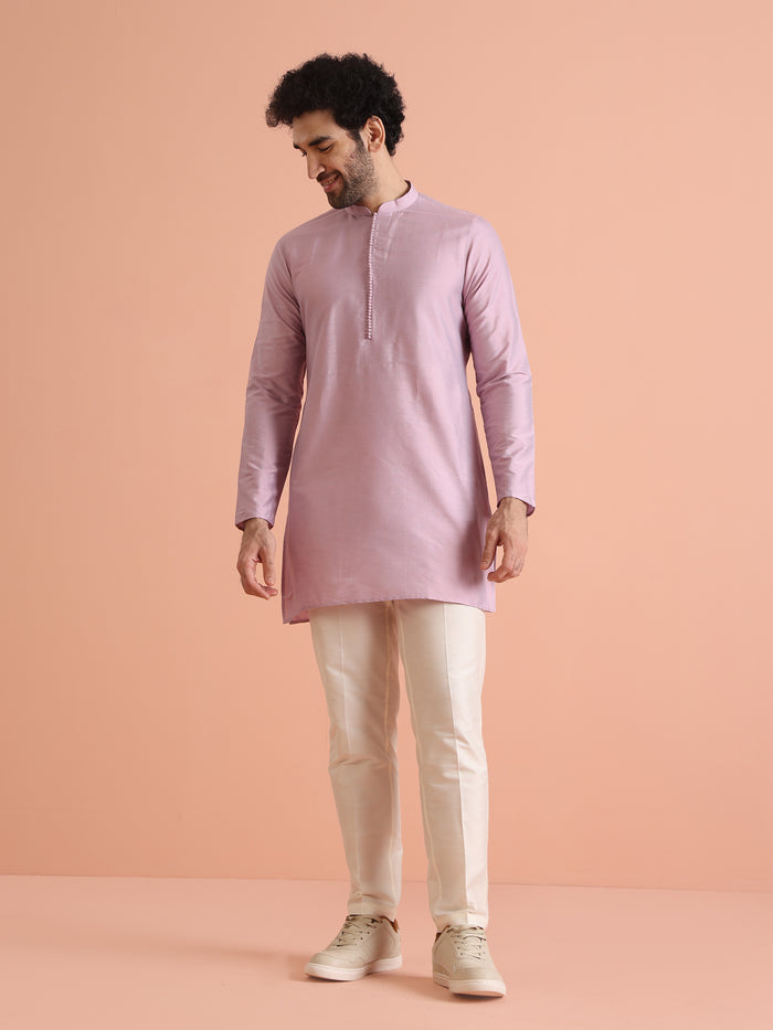 Lavender Silk Blend Solid Mid Kurta Trouser Set