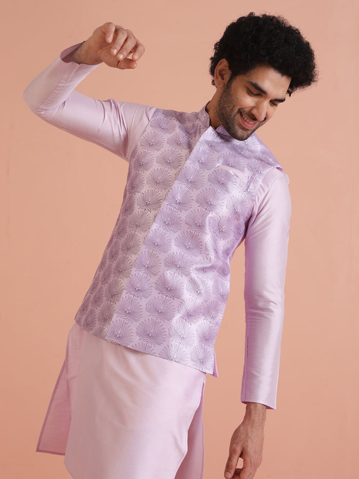 Lilac Floral Pattern Silk Blend Nehru Jacket