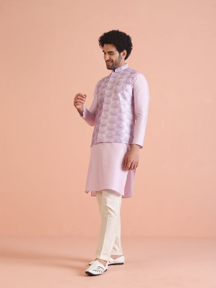 Lilac Floral Pattern Silk Blend Nehru Jacket