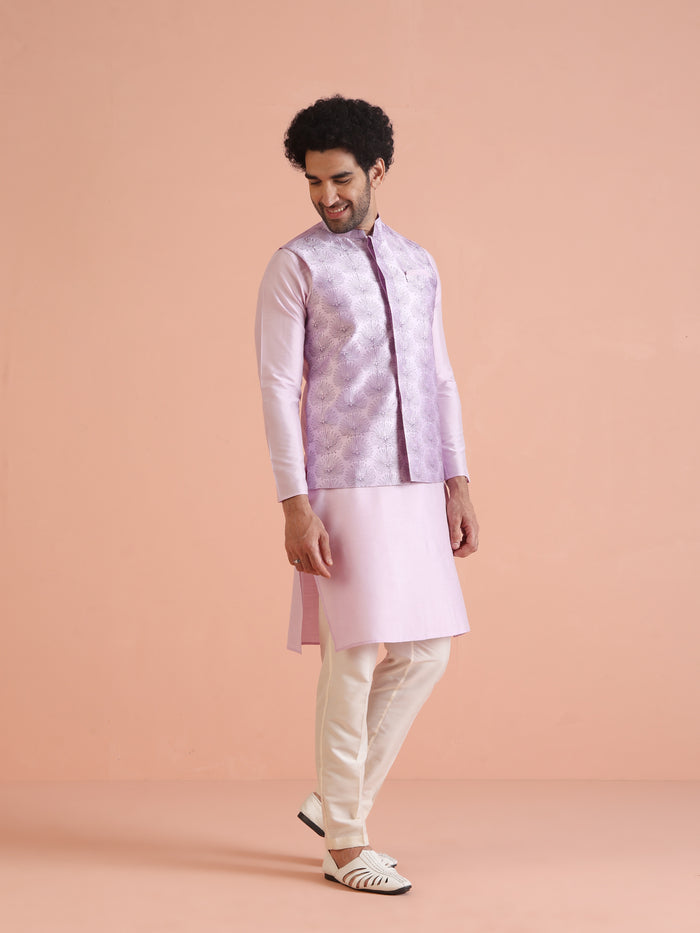 Lilac Floral Pattern Silk Blend Nehru Jacket