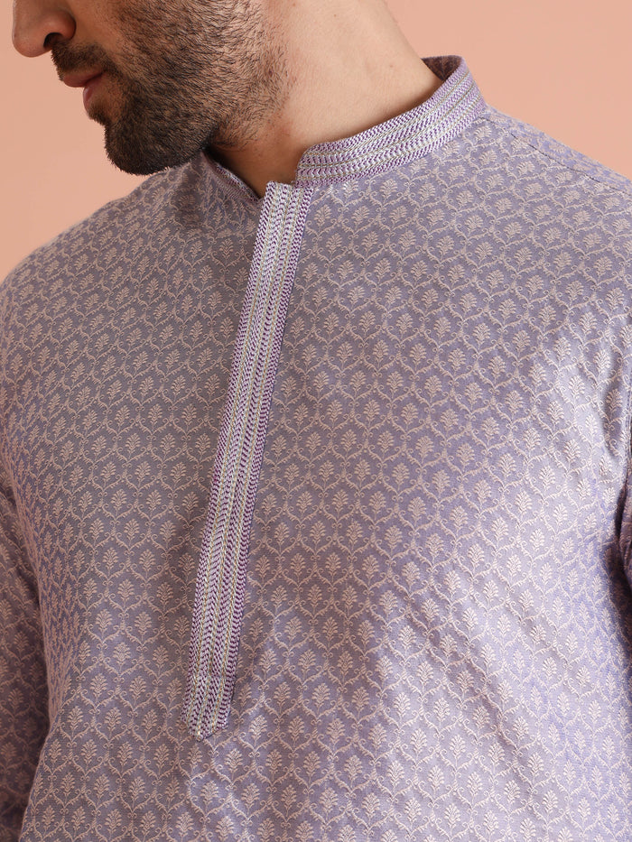Lilac Jacquard Kurta with Cream Trouser Set